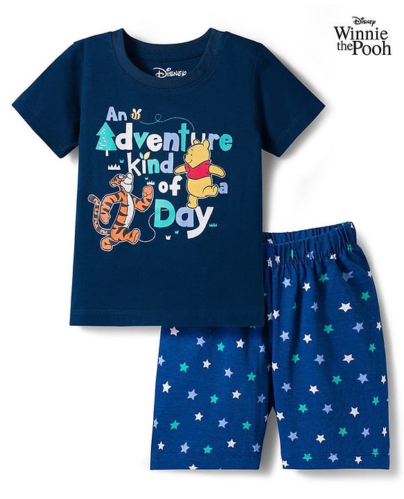 Babyhug Disney Single Jersey Knit Half Sleeves Shorts Night Suit With Winnie & Friends Print - Navy Blue
