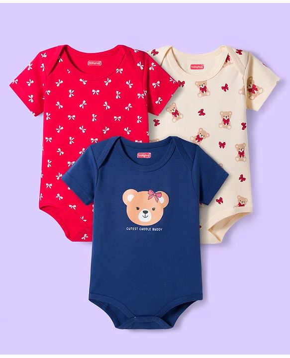 Babyhug 100% Cotton Onesies With Animal Print Pack Of 3 - Red Navy Blue & Cream