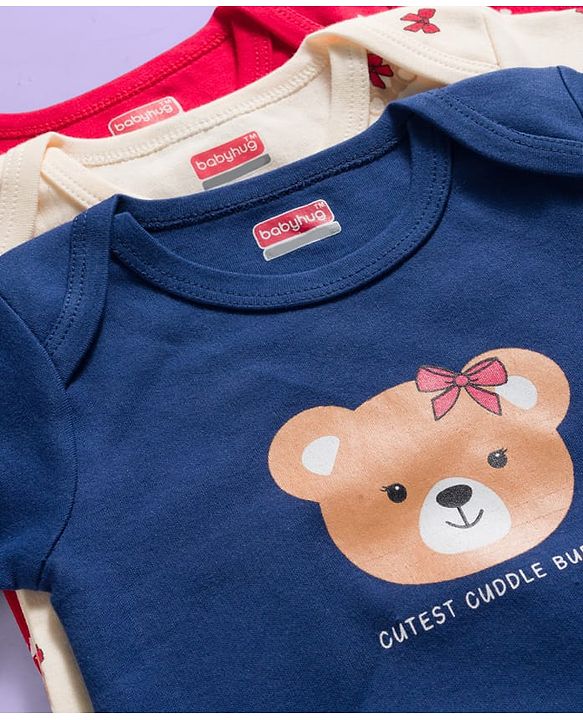 Babyhug 100% Cotton Onesies With Animal Print Pack Of 3 - Red Navy Blue & Cream