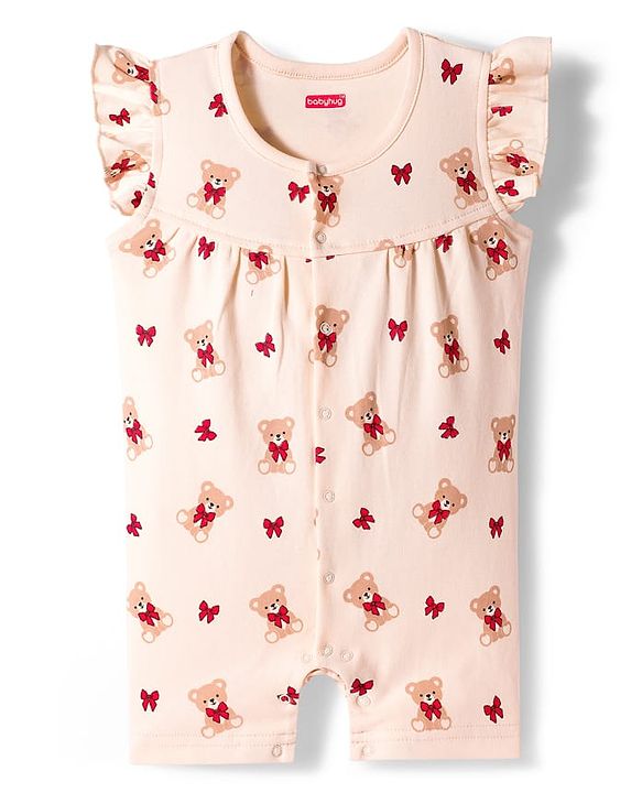 Babyhug 100% Cotton Interlock Knit Frill Sleeves Rompers with Bear & Polka Dot Pack of 2 - Red & Cream
