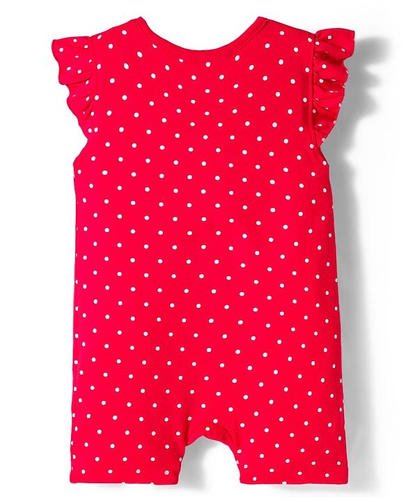 Babyhug 100% Cotton Interlock Knit Frill Sleeves Rompers with Bear & Polka Dot Pack of 2 - Red & Cream