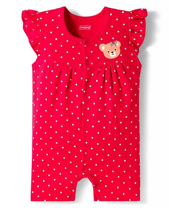 Babyhug 100% Cotton Interlock Knit Frill Sleeves Rompers with Bear & Polka Dot Pack of 2 - Red & Cream