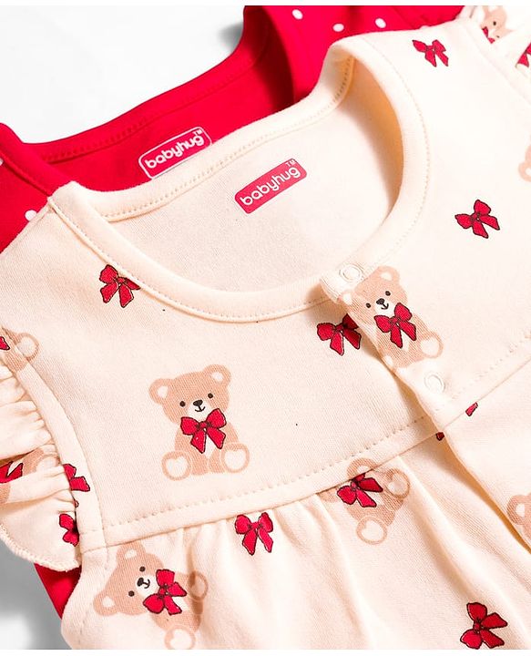 Babyhug 100% Cotton Interlock Knit Frill Sleeves Rompers with Bear & Polka Dot Pack of 2 - Red & Cream