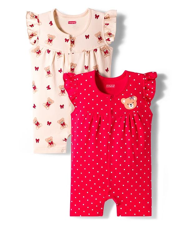 Babyhug 100% Cotton Interlock Knit Frill Sleeves Rompers with Bear & Polka Dot Pack of 2 - Red & Cream