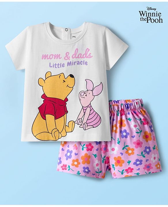 Babyhug Disney Single Jersey Knit Half Sleeves Shorts Night Suit With Winne & Friends Graphics - White