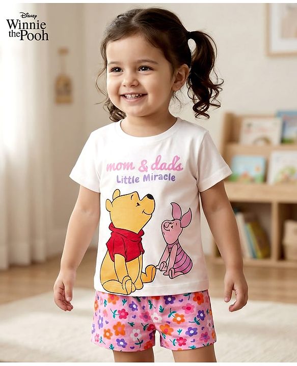 Babyhug Disney Single Jersey Knit Half Sleeves Shorts Night Suit With Winne & Friends Graphics - White