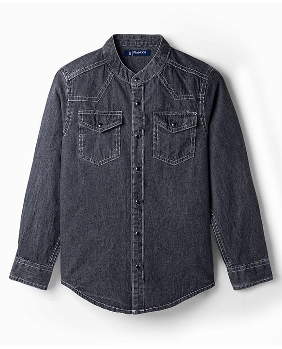 Pine Kids 100% Cotton Woven Full Sleeves Denim Shirt - Black