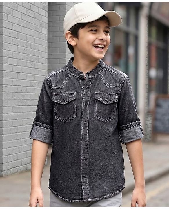 Pine Kids 100% Cotton Woven Full Sleeves Denim Shirt - Black