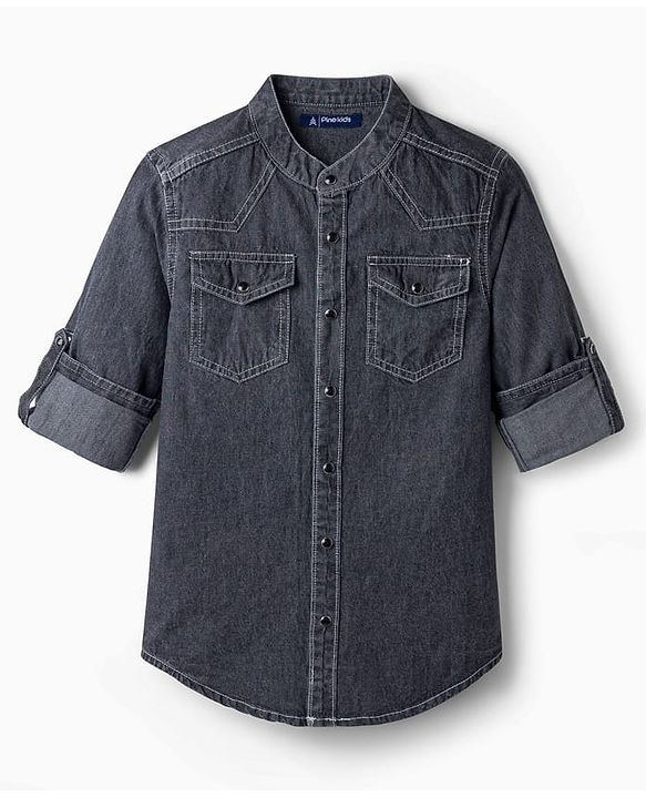 Pine Kids 100% Cotton Woven Full Sleeves Denim Shirt - Black