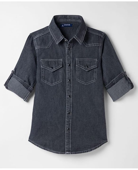 Pine Kids Woven Full Sleeves Solid Denim Shirt - Black
