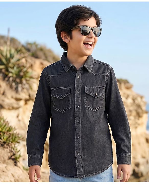 Pine Kids Woven Full Sleeves Solid Denim Shirt - Black
