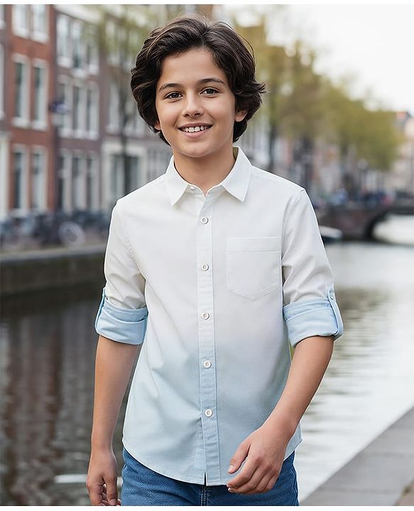 Pine Kids Cotton Woven Full Sleeves Solid Colour Shirt - Blue & White