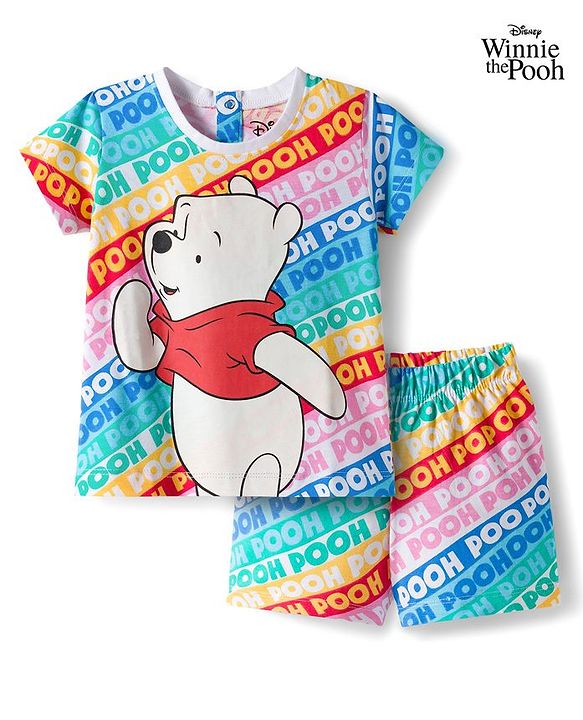 Babyhug Disney Single Jersey Knit Half Sleeves Shorts Night Suit With Winnie The Pooh Graphics - Light Blue