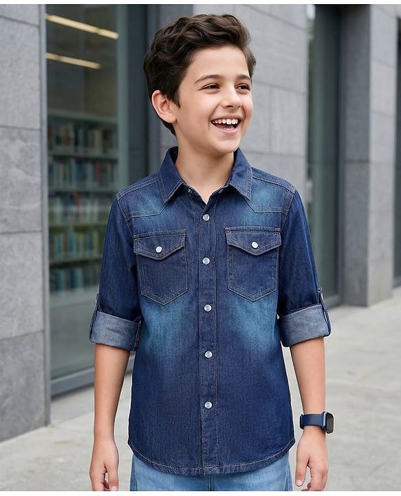 Pine Kids Denim Woven Full Sleeves Washed Shirt - Blue