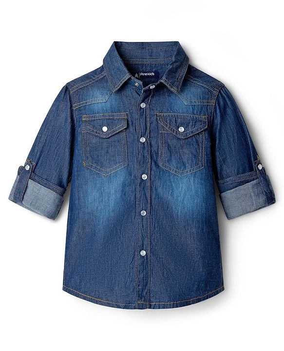 Pine Kids Denim Woven Full Sleeves Washed Shirt - Blue
