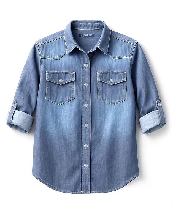 Pine Kids Denim Woven Full Sleeves Washed Shirt - Blue