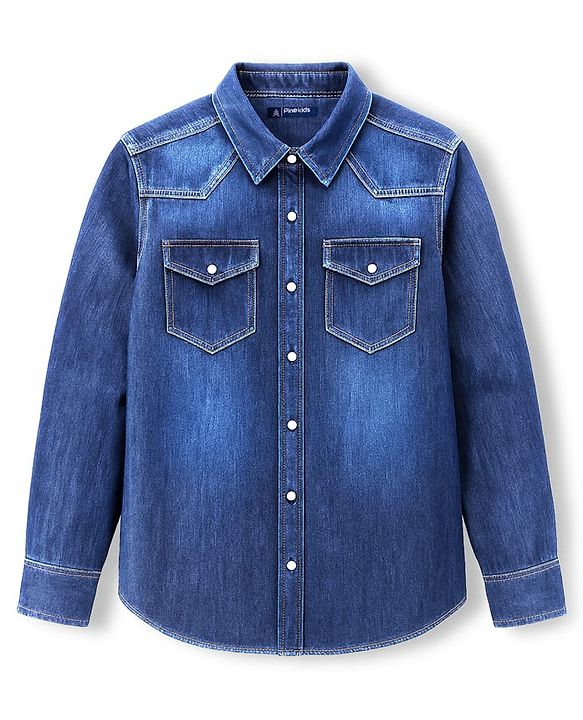 Pine Kids Denim Woven Full Sleeves Washed Shirt - Blue