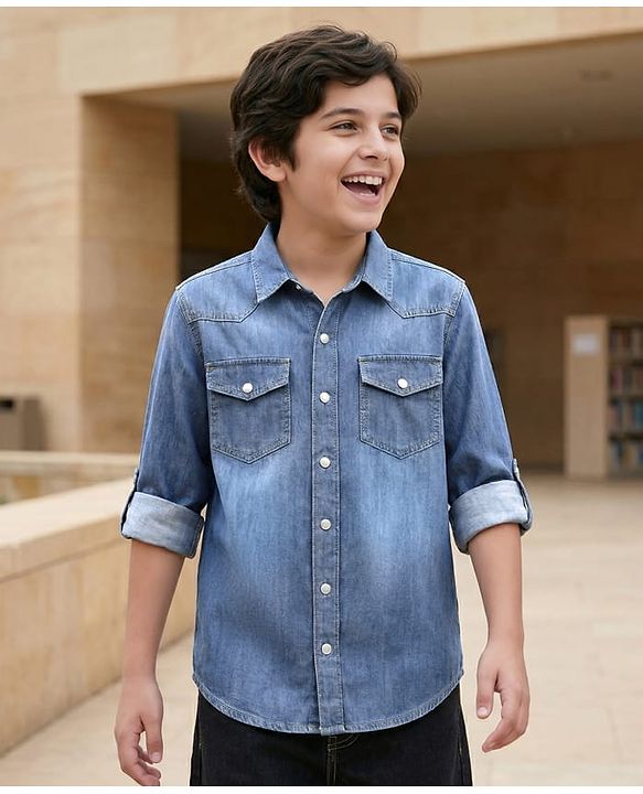 Pine Kids Denim Woven Full Sleeves Washed Shirt - Blue