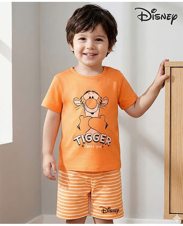 Babyhug Disney Single Jersey Knit Half Sleeves Shorts Night Suit With Tigger Graphics - Orange