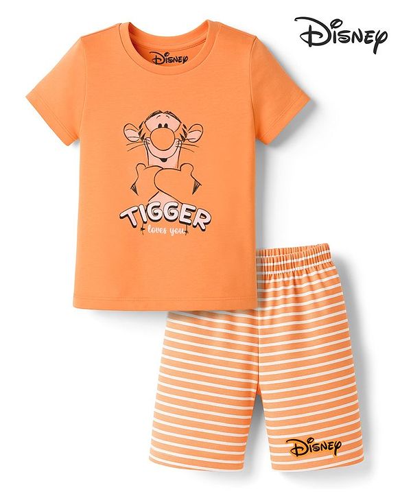 Babyhug Disney Single Jersey Knit Half Sleeves Shorts Night Suit With Tigger Graphics - Orange