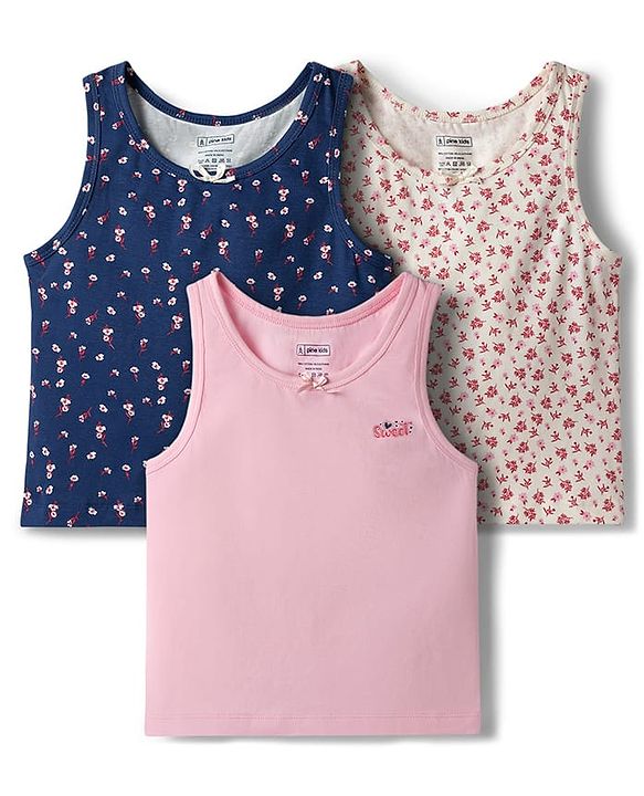 Pine Kids Cotton Lycra Knit Sleeveless Vests with Floral Print Pack of 3 (Color May Vary)