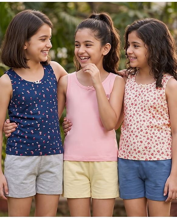 Pine Kids Cotton Lycra Knit Sleeveless Vests with Floral Print Pack of 3 (Color May Vary)