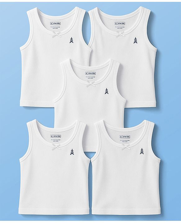 Pine Kids Cotton Knit Sleeveless Solid Colour Vests Pack Of 5 - White