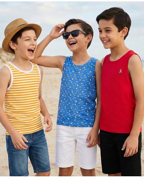 Pine Kids Cotton Knit Sleeveless Striped & Boat Printed Vests Pack of 3 - ( Colour May Vary)