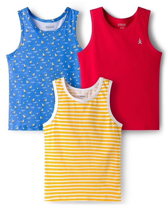 Pine Kids Cotton Knit Sleeveless Striped & Boat Printed Vests Pack of 3 - ( Colour May Vary)