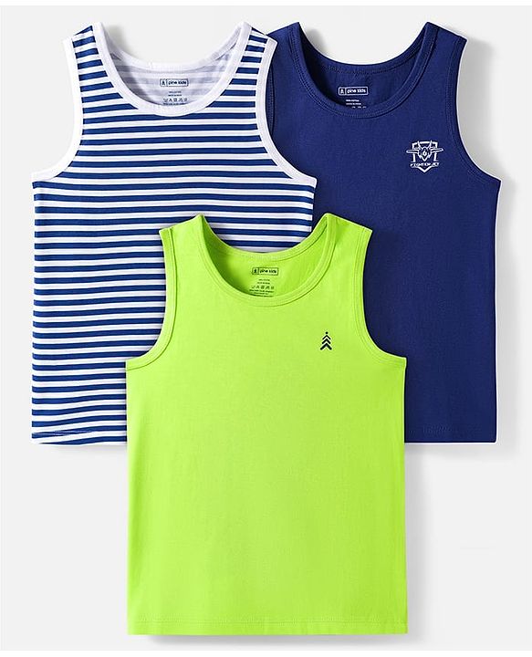 Pine Kids Cotton Knit Sleeveless Vests with Fighter Jet Print & Stripes Pack of 3 (Color & Design May Vary)