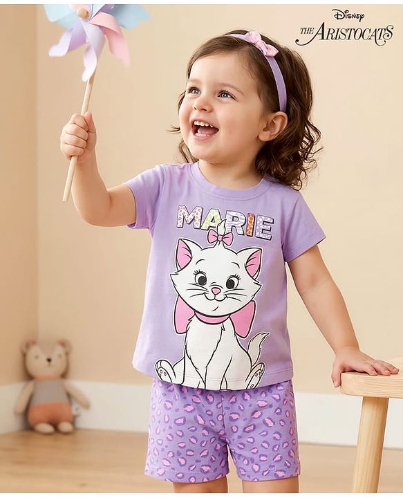 Babyhug Disney Single Jersey Knit Half Sleeves Shorts Night Suit With Marie Graphics - Lavender