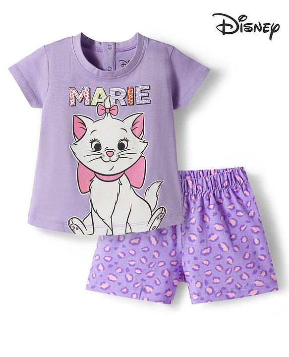 Babyhug Disney Single Jersey Knit Half Sleeves Shorts Night Suit With Marie Graphics - Lavender