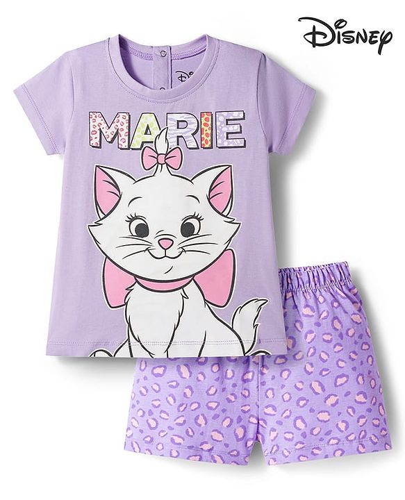 Babyhug Disney Single Jersey Knit Half Sleeves Shorts Night Suit With Marie Graphics - Lavender