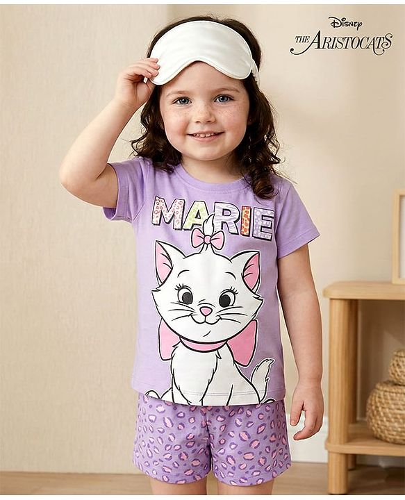 Babyhug Disney Single Jersey Knit Half Sleeves Shorts Night Suit With Marie Graphics - Lavender