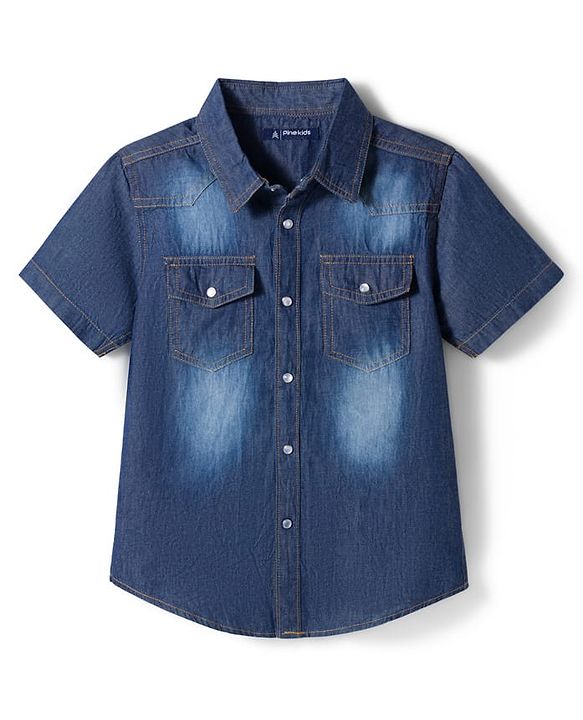 Pine Kids Woven Half Sleeves Washed Denim Shirt - Blue