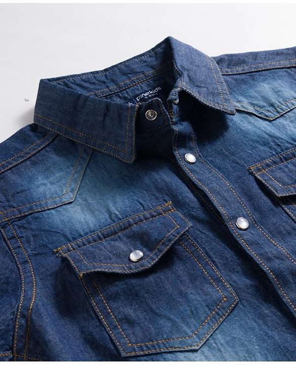 Pine Kids Woven Half Sleeves Washed Denim Shirt - Blue