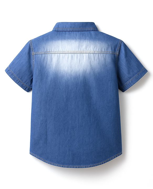 Pine Kids Woven Half Sleeves Washed Denim Shirt - Blue