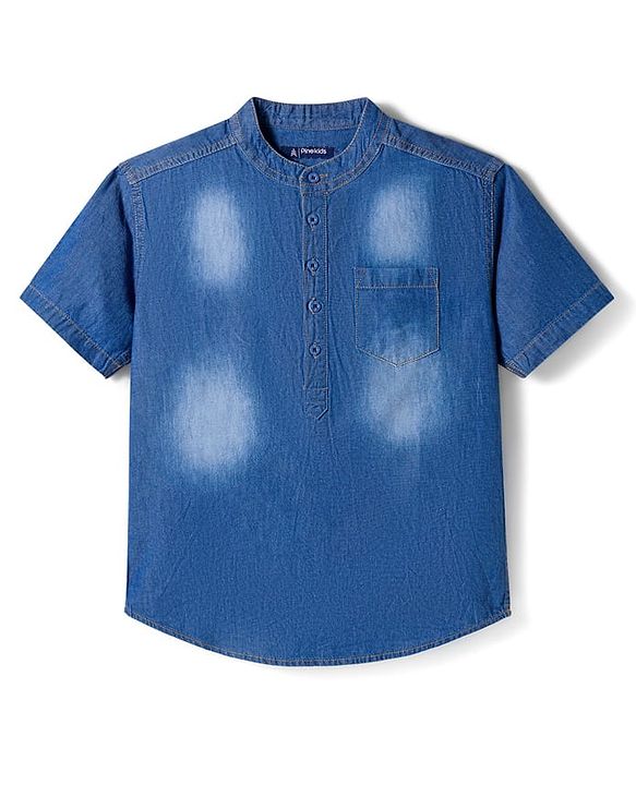 Pine Kids Denim Woven Half Sleeves Mandarin Collar Washed Shirts - Blue