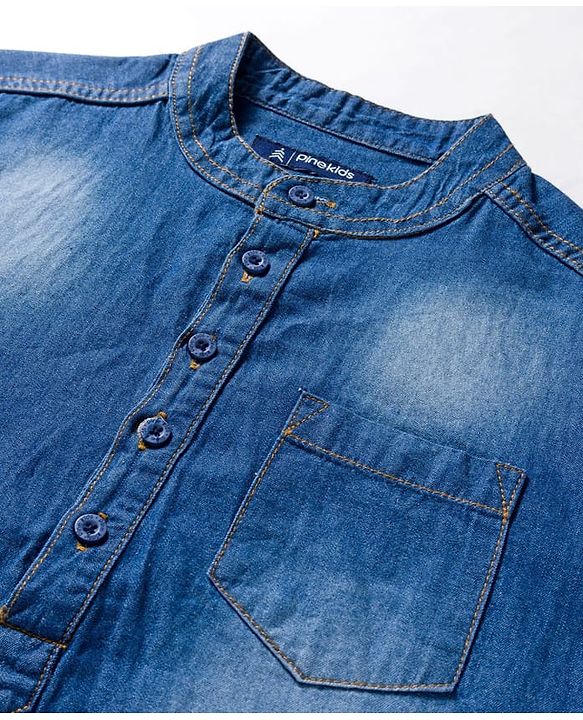Pine Kids Denim Woven Half Sleeves Mandarin Collar Washed Shirts - Blue