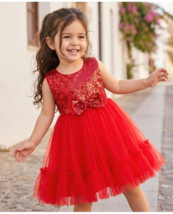 Babyhug Mesh Woven Sleeveless Party Dress With Sequin Detailing On Yoke & Bow Applique - Red