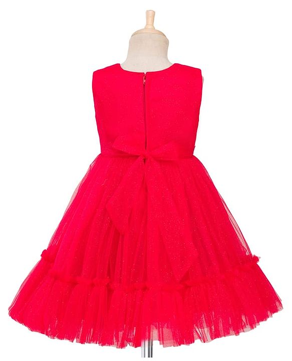 Babyhug Mesh Woven Sleeveless Party Dress With Sequin Detailing On Yoke & Bow Applique - Red