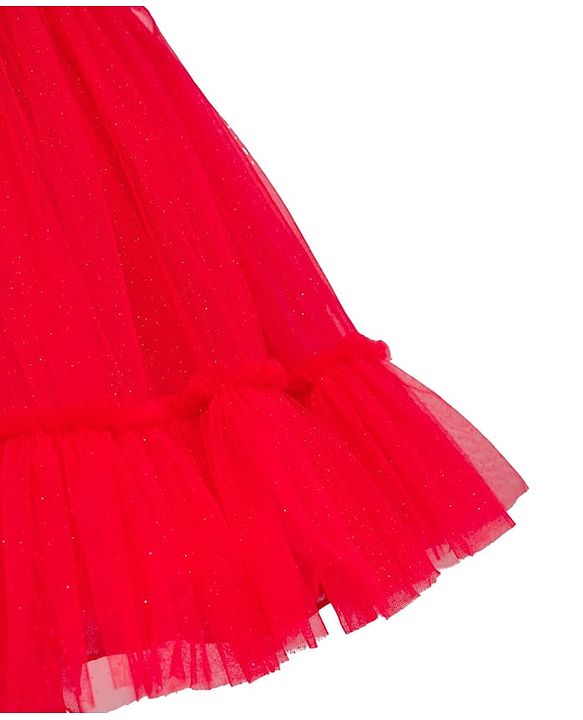 Babyhug Mesh Woven Sleeveless Party Dress With Sequin Detailing On Yoke & Bow Applique - Red
