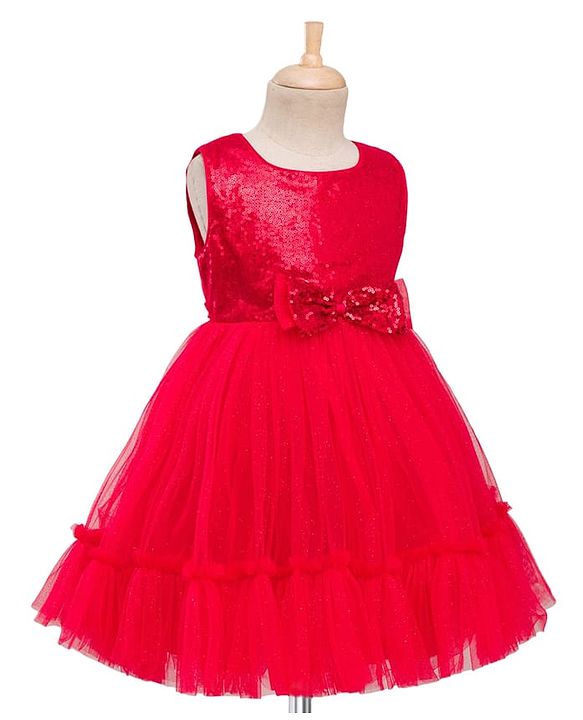 Babyhug Mesh Woven Sleeveless Party Dress With Sequin Detailing On Yoke & Bow Applique - Red