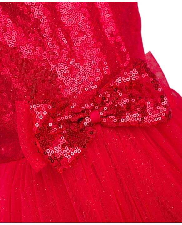 Babyhug Mesh Woven Sleeveless Party Dress With Sequin Detailing On Yoke & Bow Applique - Red