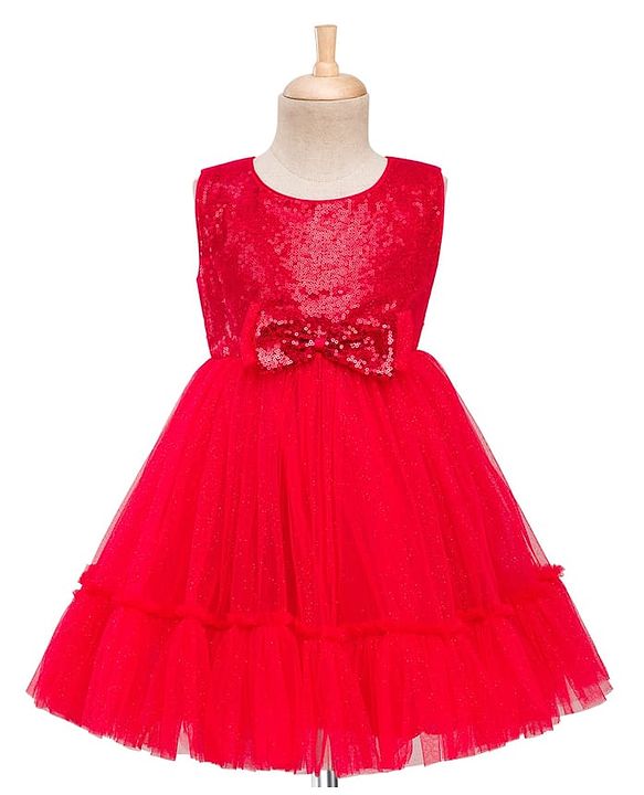 Babyhug Mesh Woven Sleeveless Party Dress With Sequin Detailing On Yoke & Bow Applique - Red