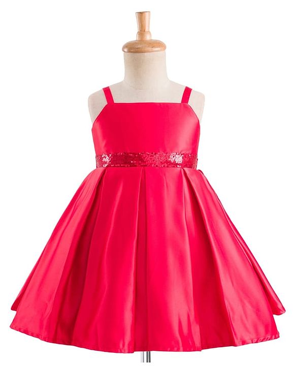 Babyhug Satin Woven Full Sleeves Party Fress with Shrug Bow & Sequin Detailing - Red