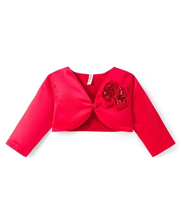 Babyhug Satin Woven Full Sleeves Party Fress with Shrug Bow & Sequin Detailing - Red