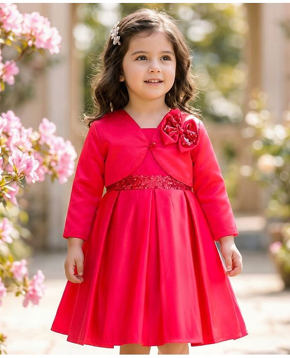 Babyhug Satin Woven Full Sleeves Party Fress with Shrug Bow & Sequin Detailing - Red