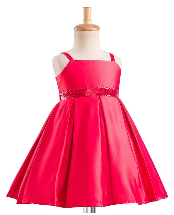 Babyhug Satin Woven Full Sleeves Party Fress with Shrug Bow & Sequin Detailing - Red