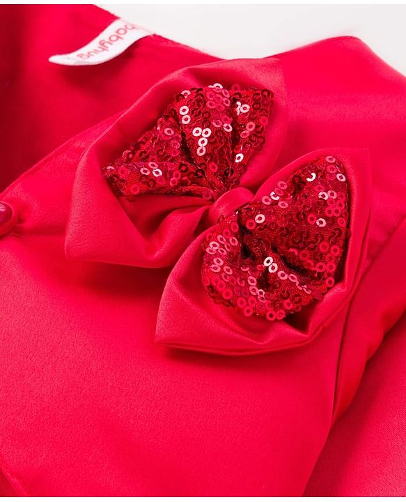Babyhug Satin Woven Full Sleeves Party Fress with Shrug Bow & Sequin Detailing - Red